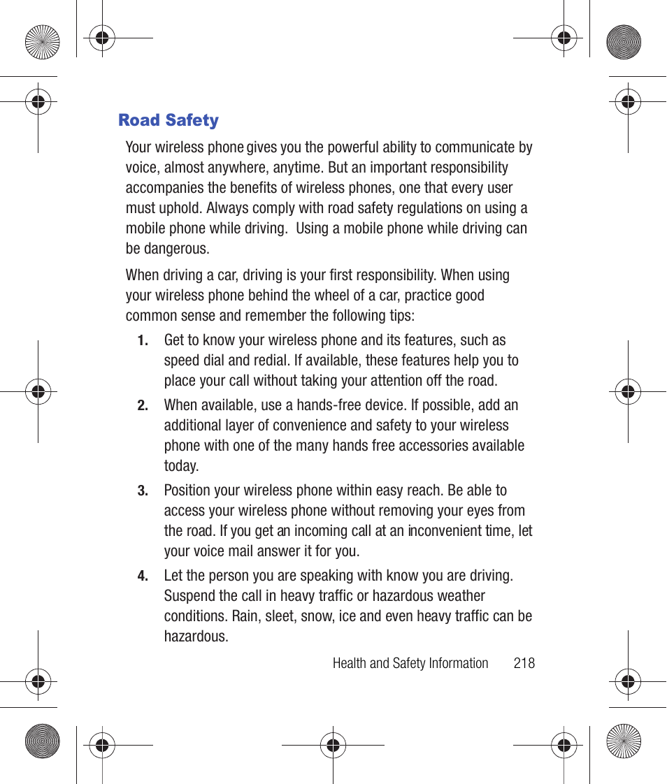 Road safety | Samsung SCH-R260DAAUSC User Manual | Page 223 / 271