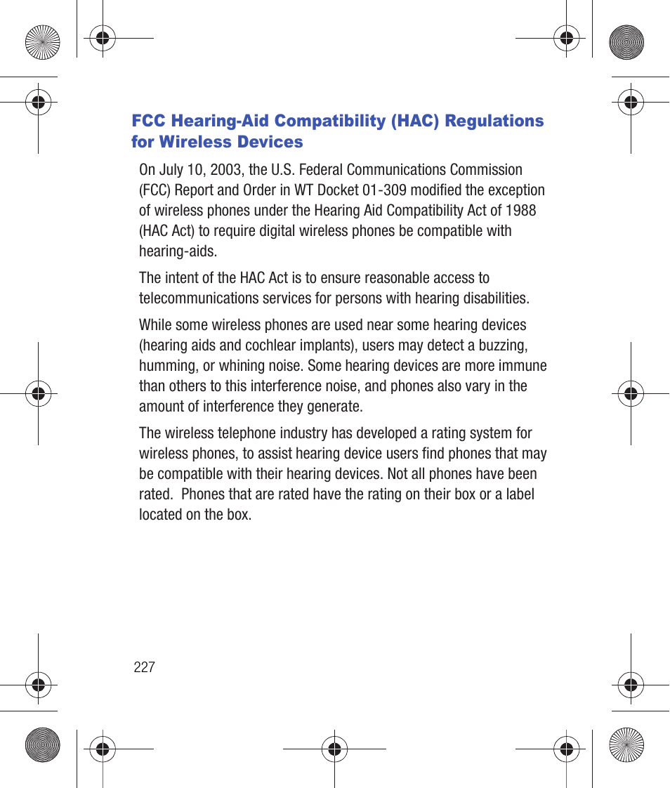 Fcc hearing-aid compatibility (hac) regulations, For wireless devices | Samsung SCH-R260DAAUSC User Manual | Page 232 / 271