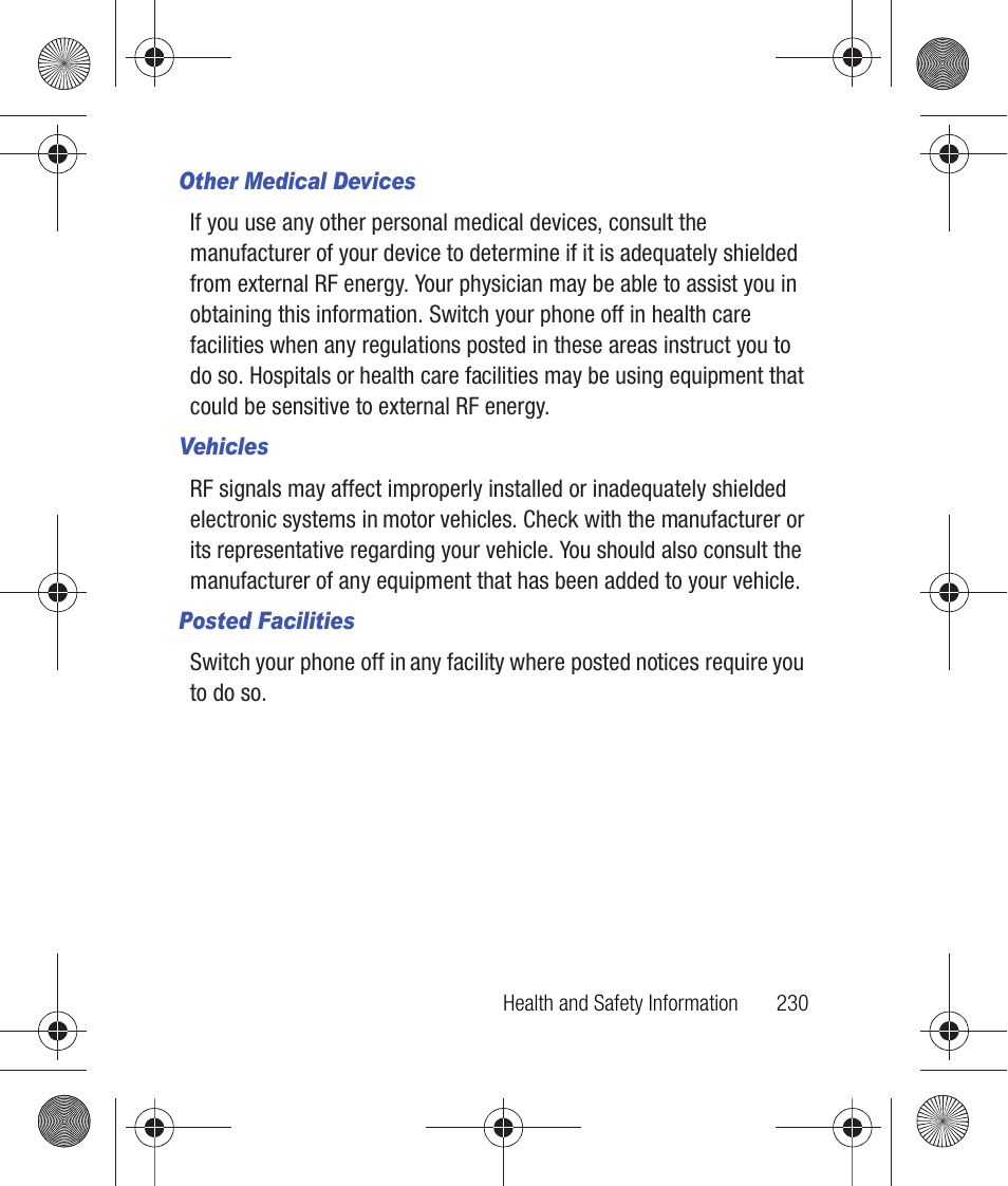 Other medical devices, Vehicles, Posted facilities | Samsung SCH-R260DAAUSC User Manual | Page 235 / 271