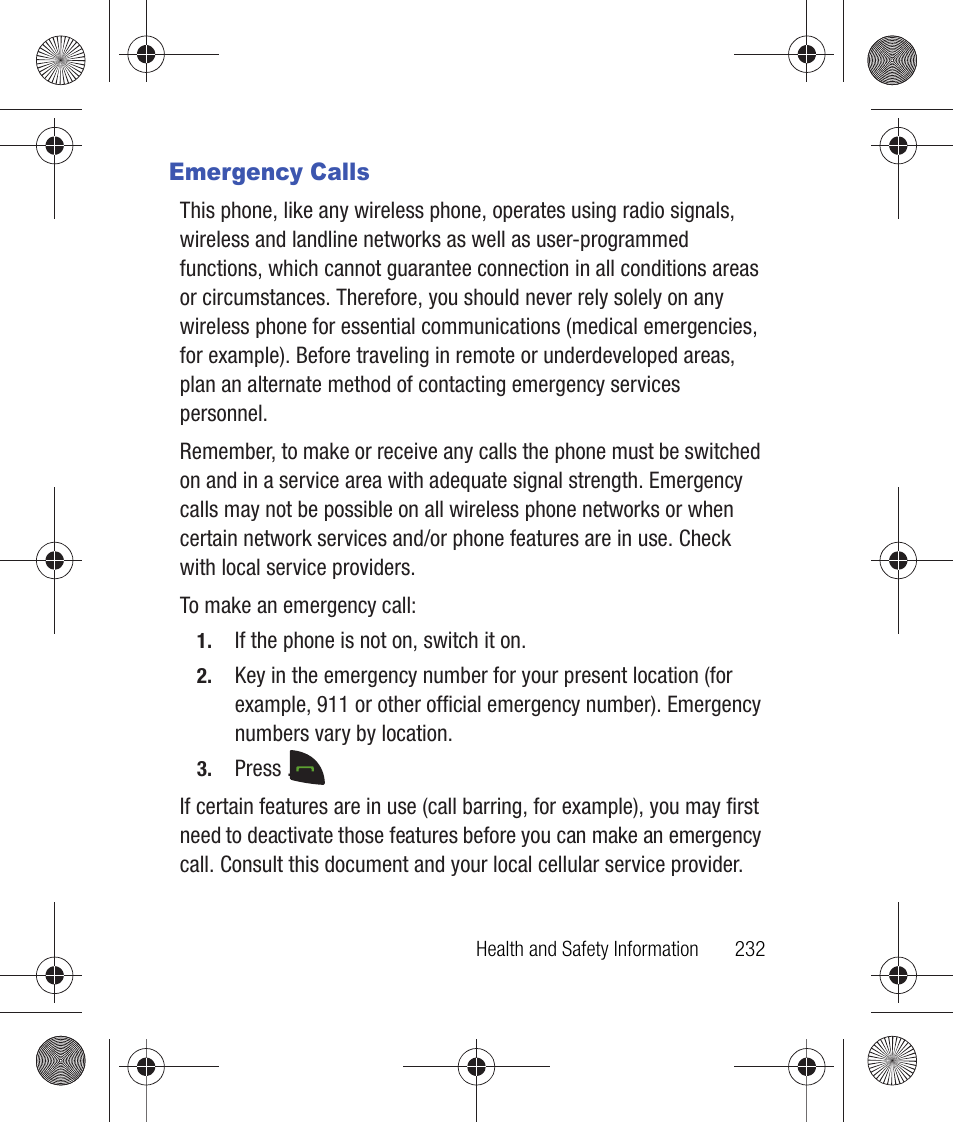 Emergency calls | Samsung SCH-R260DAAUSC User Manual | Page 237 / 271