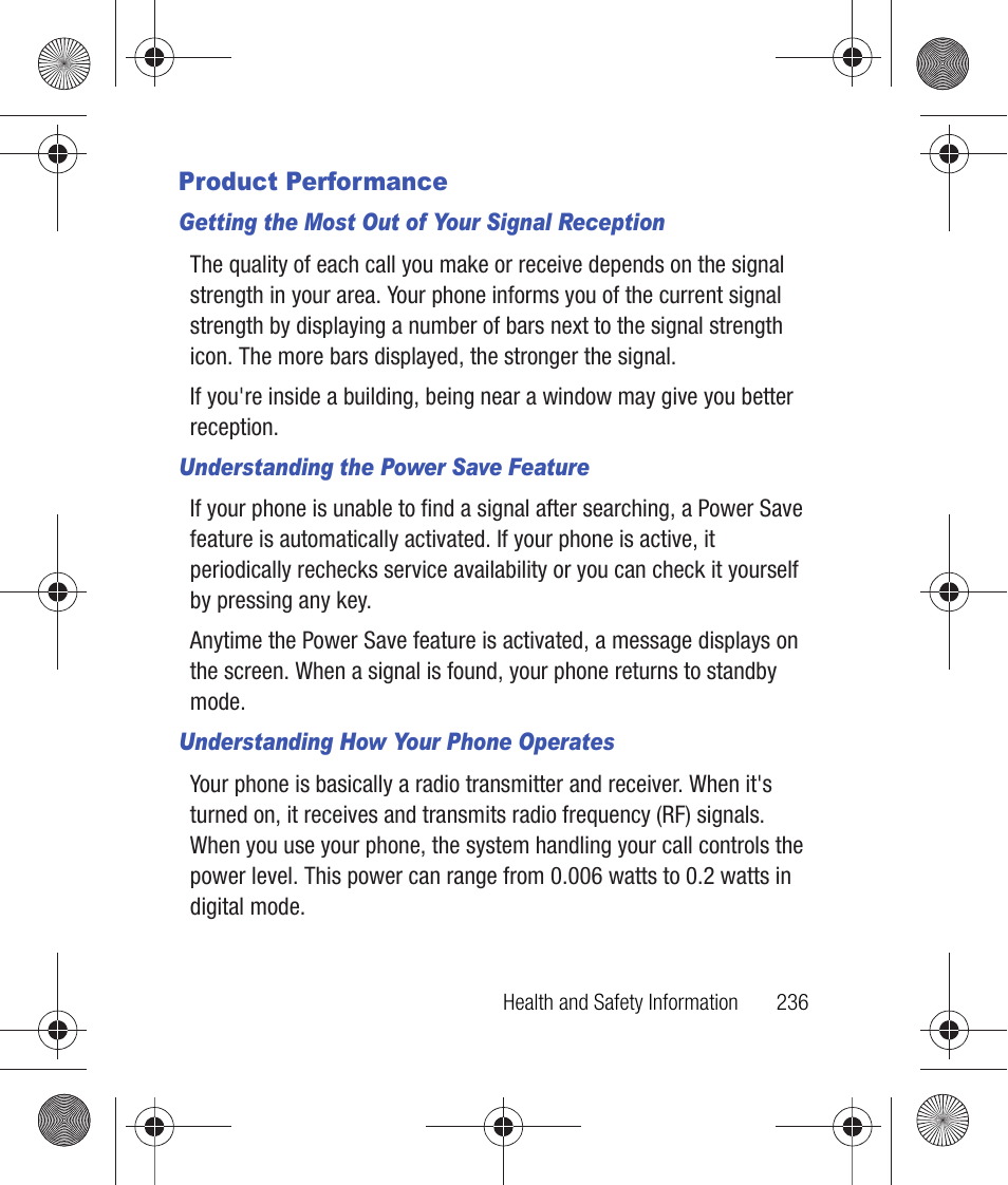 Product performance, Getting the most out of your signal reception, Understanding the power save feature | Understanding how your phone operates | Samsung SCH-R260DAAUSC User Manual | Page 241 / 271