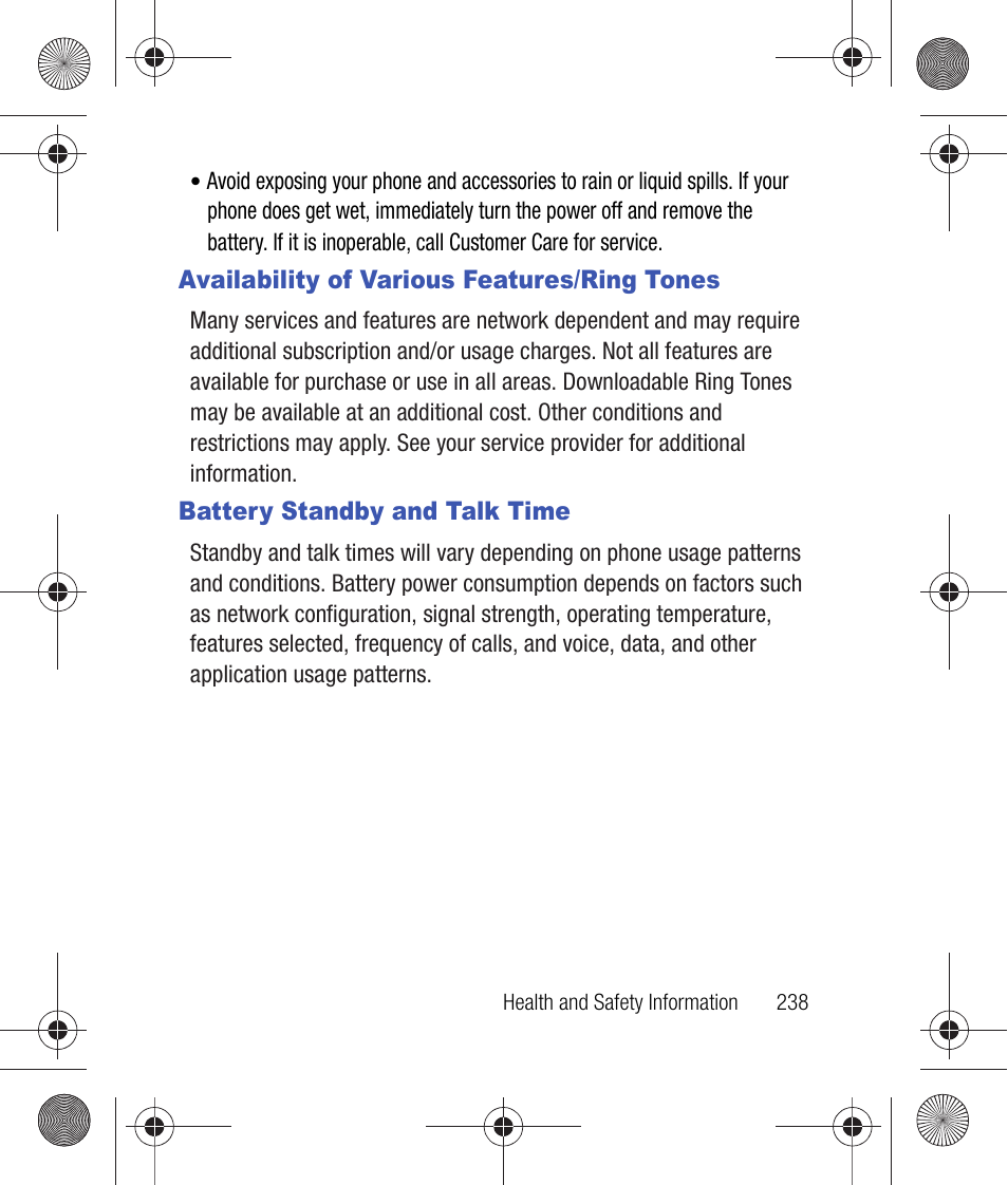Availability of various features/ring tones, Battery standby and talk time | Samsung SCH-R260DAAUSC User Manual | Page 243 / 271