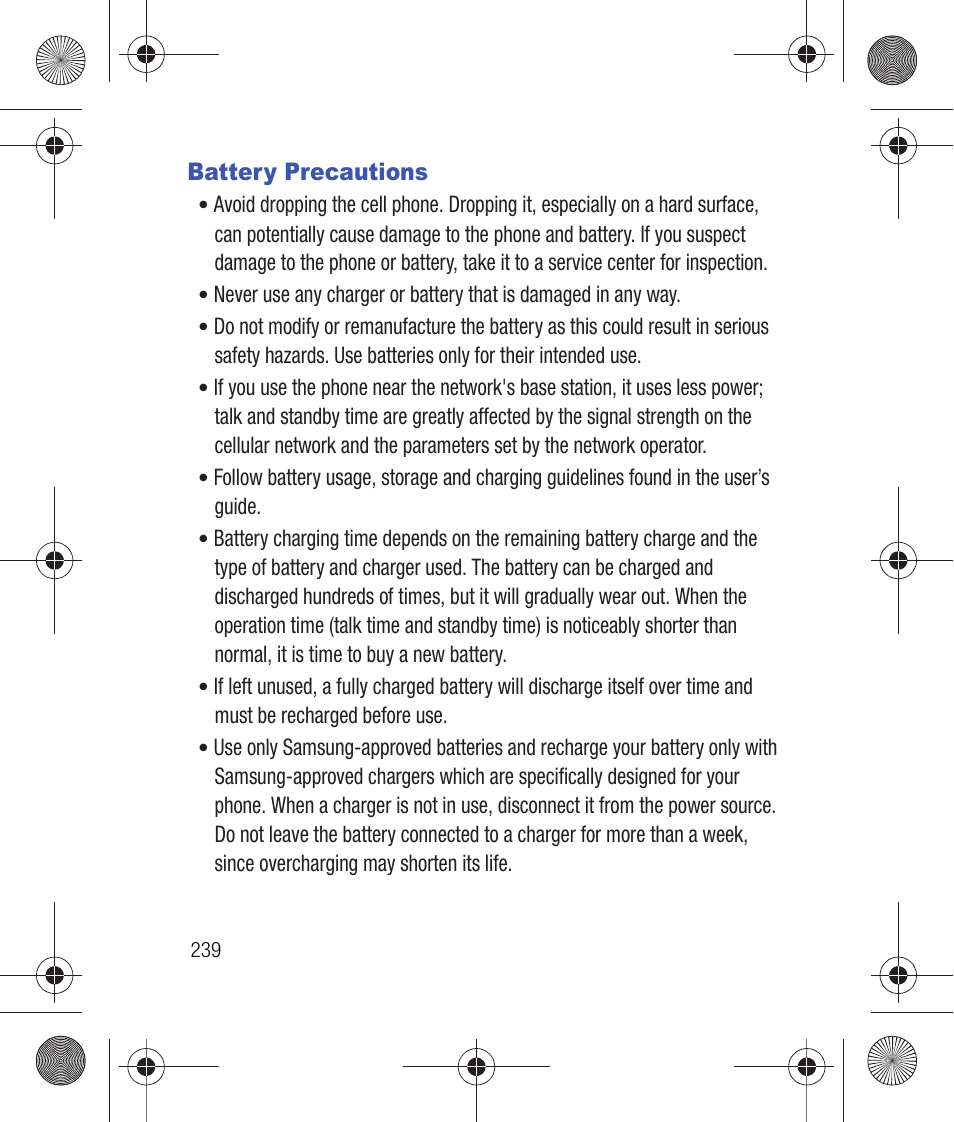 Battery precautions | Samsung SCH-R260DAAUSC User Manual | Page 244 / 271