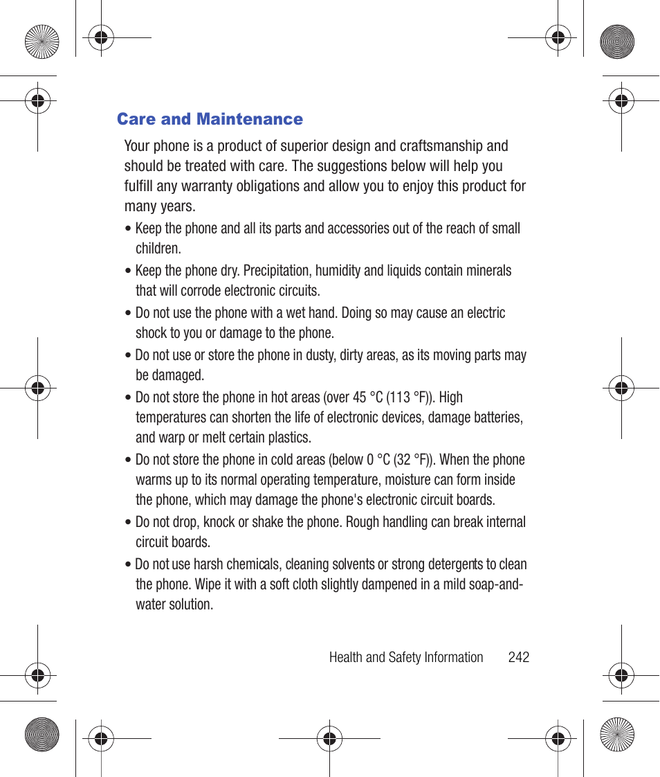 Care and maintenance | Samsung SCH-R260DAAUSC User Manual | Page 247 / 271