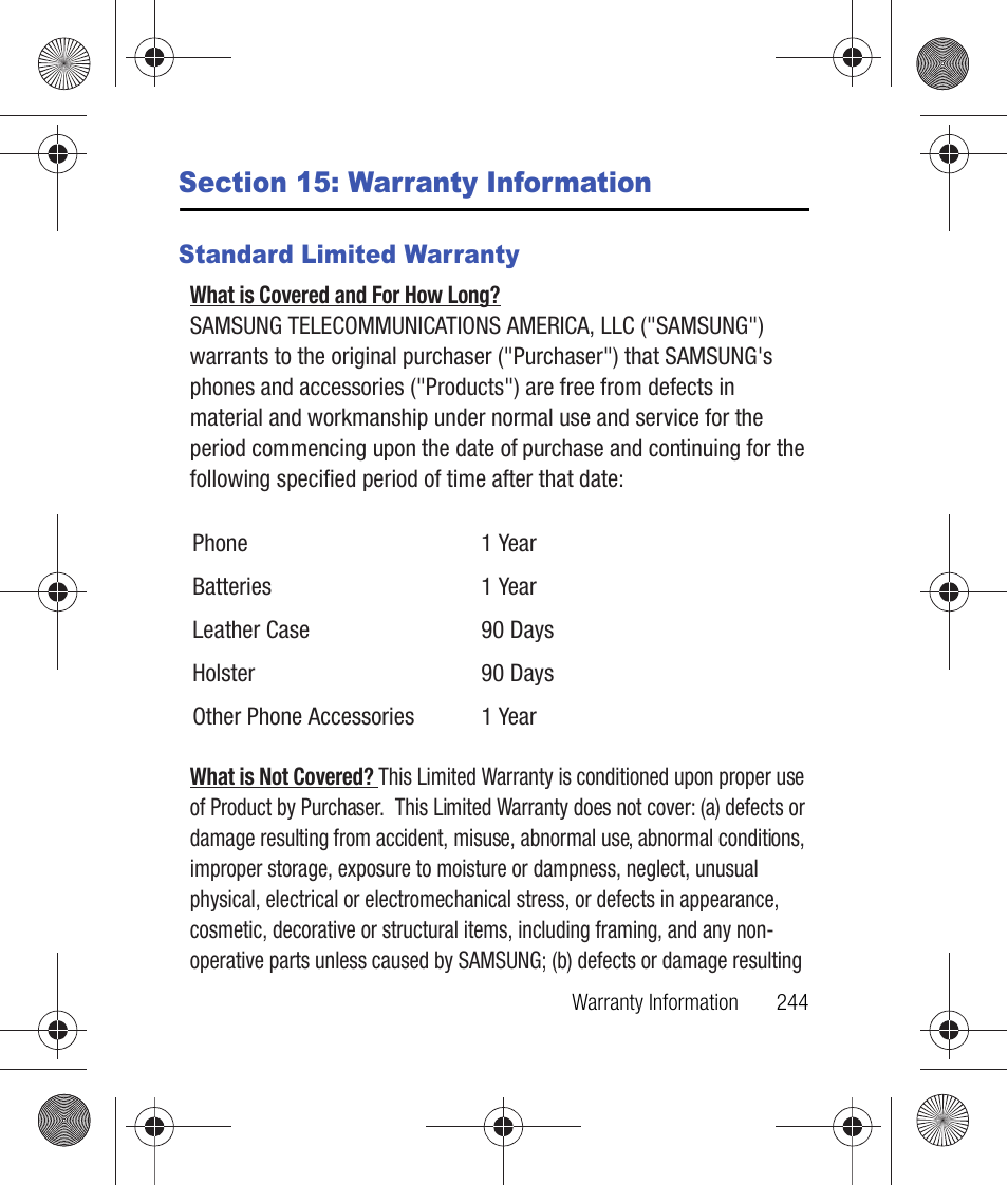 Section 15: warranty information, Standard limited warranty, Section 14: warranty information | Samsung SCH-R260DAAUSC User Manual | Page 249 / 271