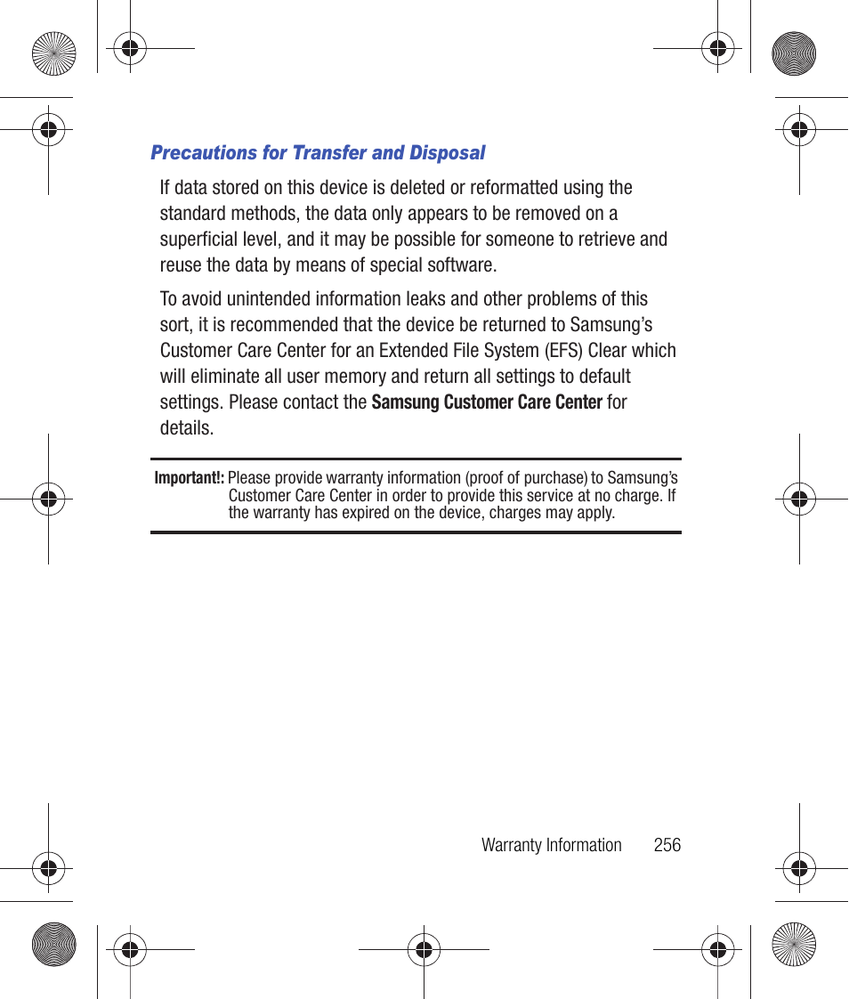 Precautions for transfer and disposal | Samsung SCH-R260DAAUSC User Manual | Page 261 / 271