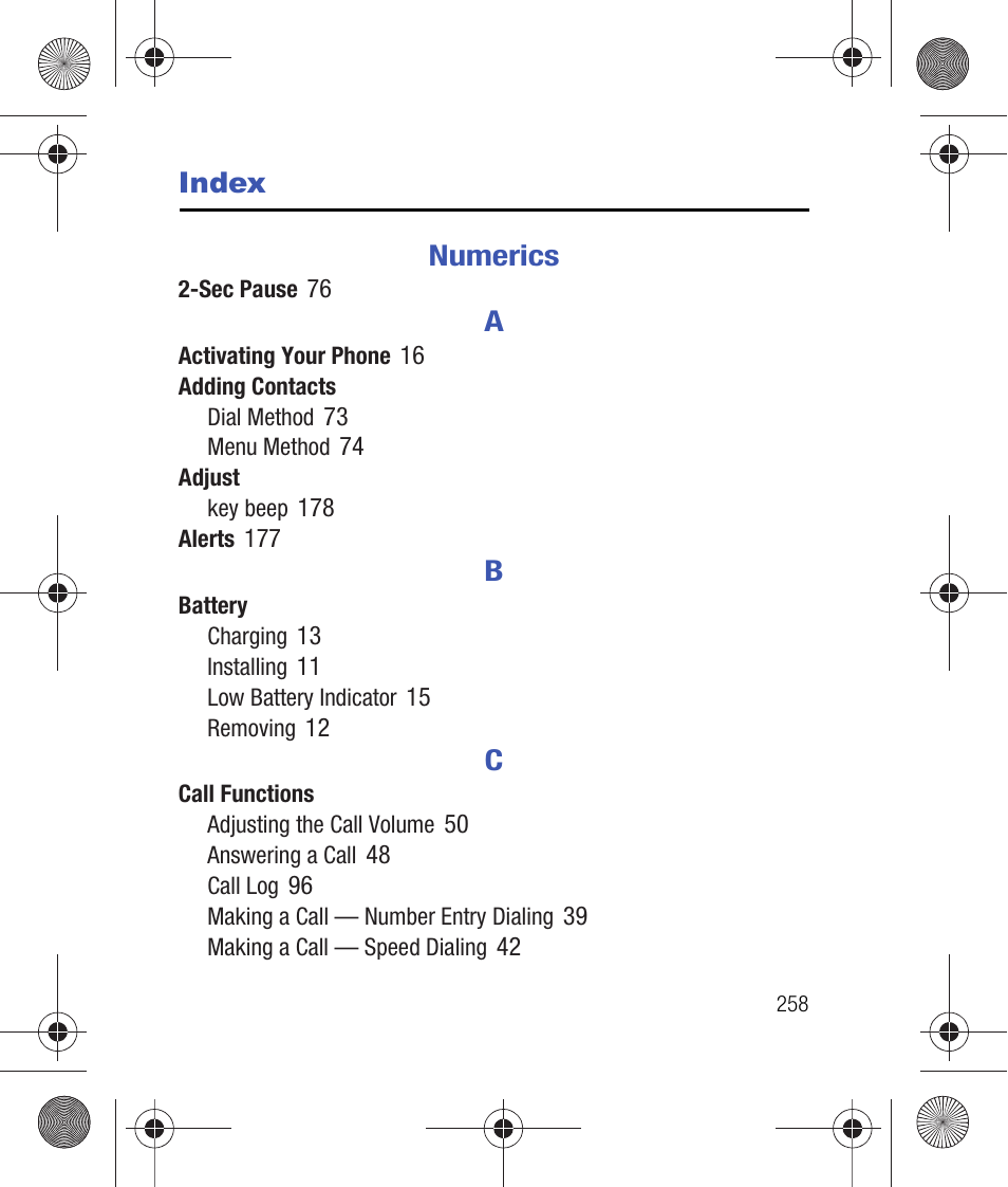 Index, Numerics | Samsung SCH-R260DAAUSC User Manual | Page 263 / 271