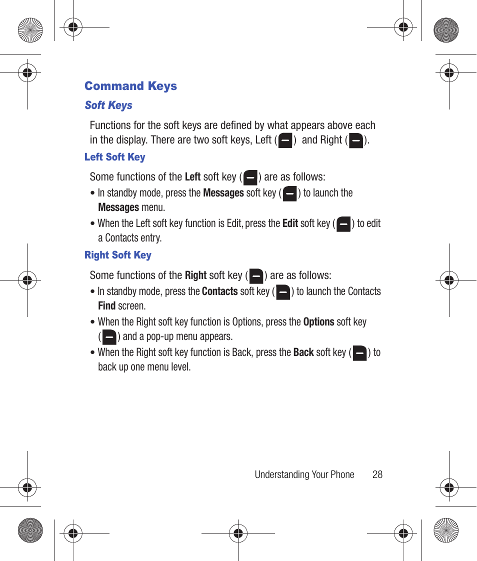 Command keys, Soft keys, Left soft key | Right soft key | Samsung SCH-R260DAAUSC User Manual | Page 33 / 271