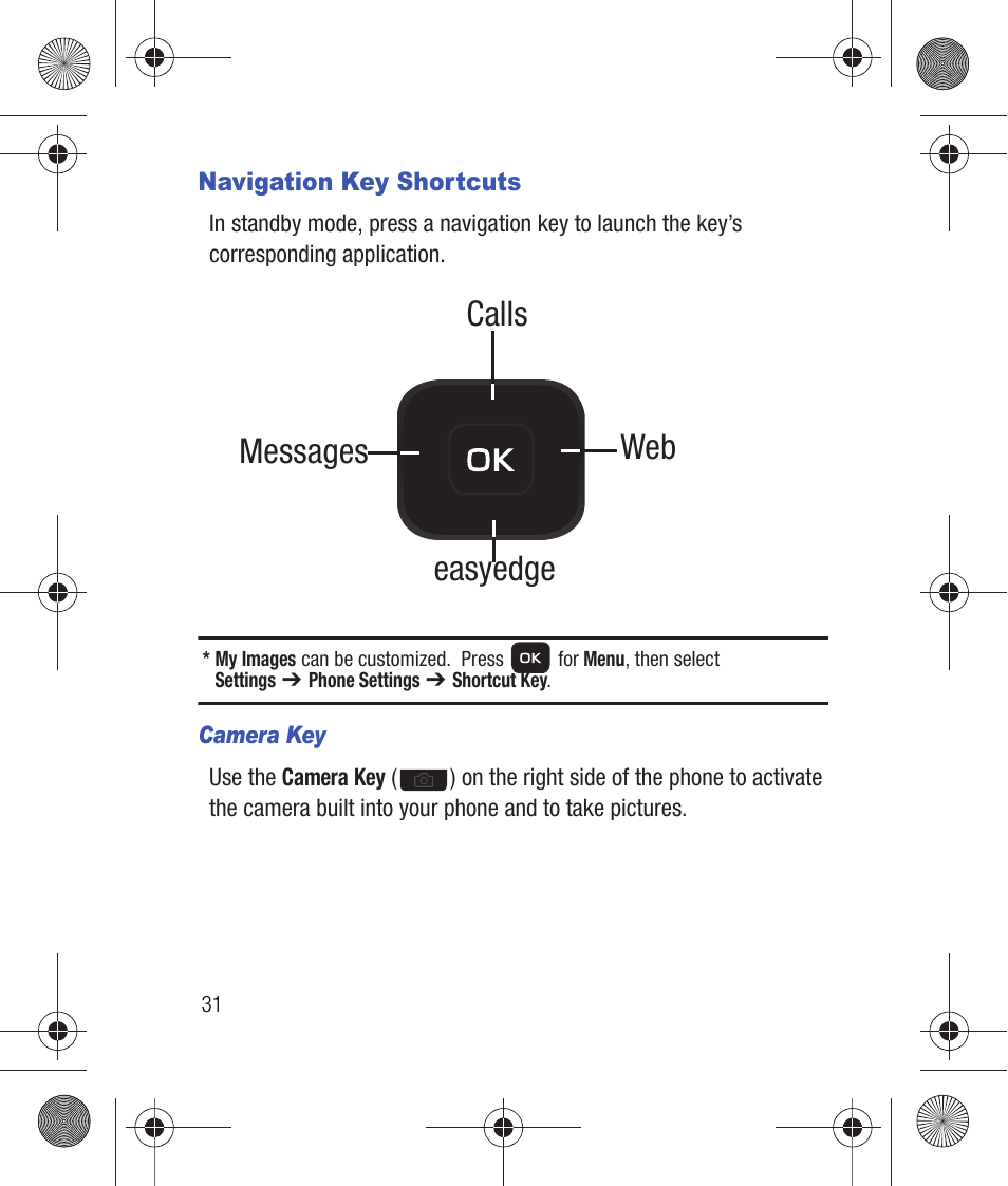 Navigation key shortcuts, Camera key, Web calls messages easyedge | Samsung SCH-R260DAAUSC User Manual | Page 36 / 271