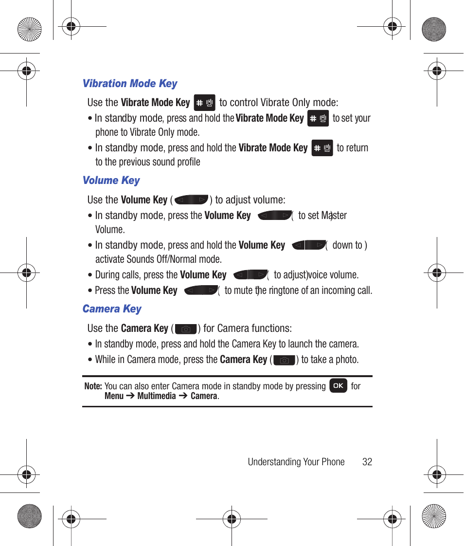 Vibration mode key, Volume key, Camera key | Samsung SCH-R260DAAUSC User Manual | Page 37 / 271