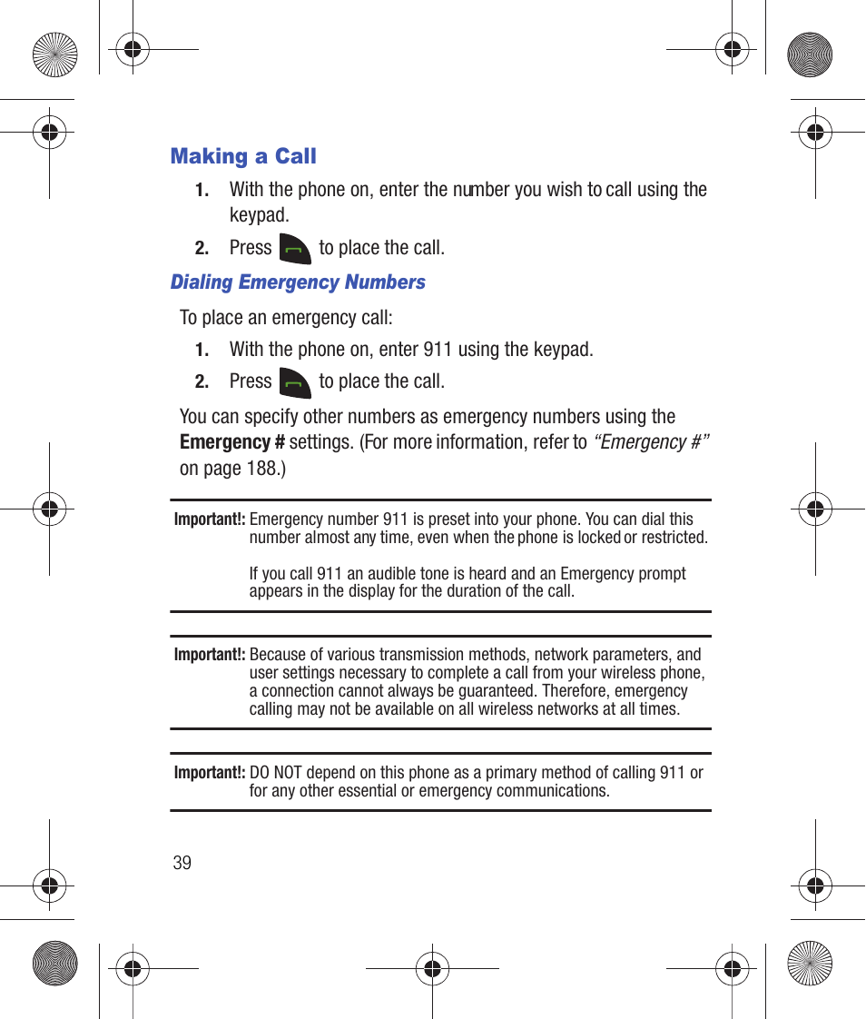 Making a call, Dialing emergency numbers | Samsung SCH-R260DAAUSC User Manual | Page 44 / 271
