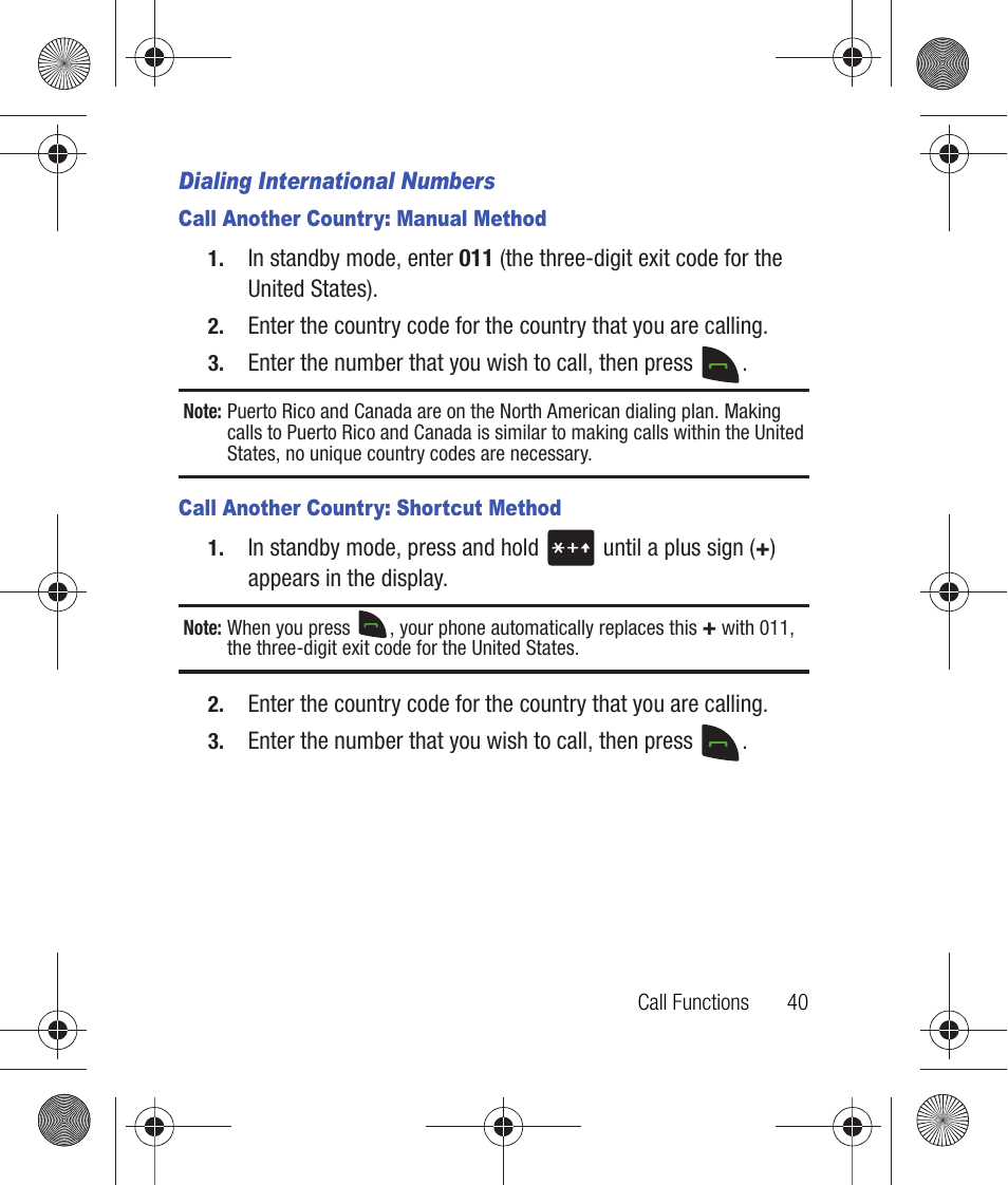 Dialing international numbers, Call another country: manual method, Call another country: shortcut method | Samsung SCH-R260DAAUSC User Manual | Page 45 / 271