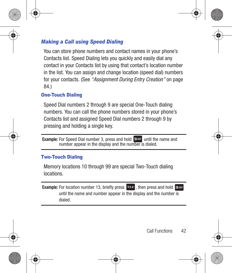 Making a call using speed dialing, One-touch dialing, Two-touch dialing | Samsung SCH-R260DAAUSC User Manual | Page 47 / 271