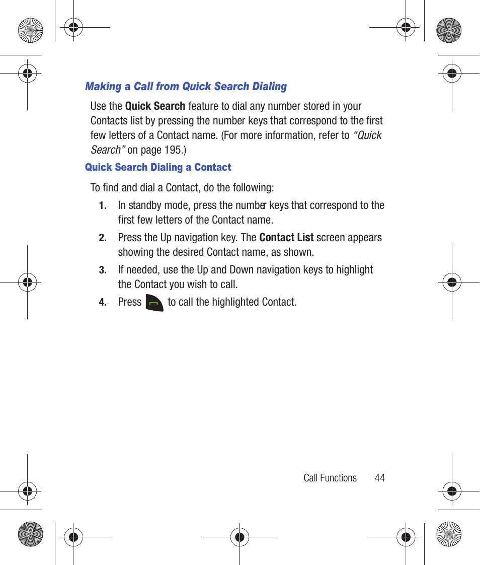 Making a call from quick search dialing, Quick search dialing a contact | Samsung SCH-R260DAAUSC User Manual | Page 49 / 271