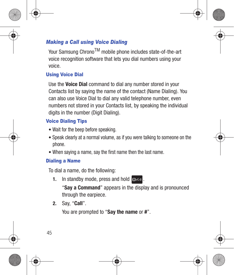 Making a call using voice dialing, Using voice dial, Voice dialing tips | Dialing a name | Samsung SCH-R260DAAUSC User Manual | Page 50 / 271