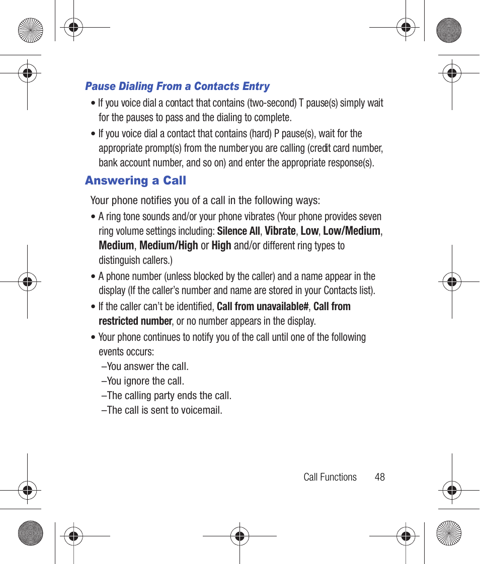 Pause dialing from a contacts entry, Answering a call | Samsung SCH-R260DAAUSC User Manual | Page 53 / 271