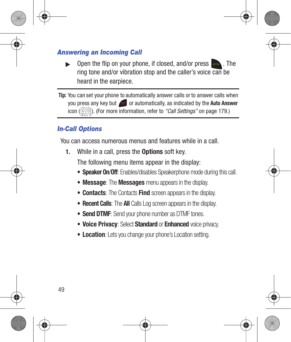 Answering an incoming call, In-call options | Samsung SCH-R260DAAUSC User Manual | Page 54 / 271