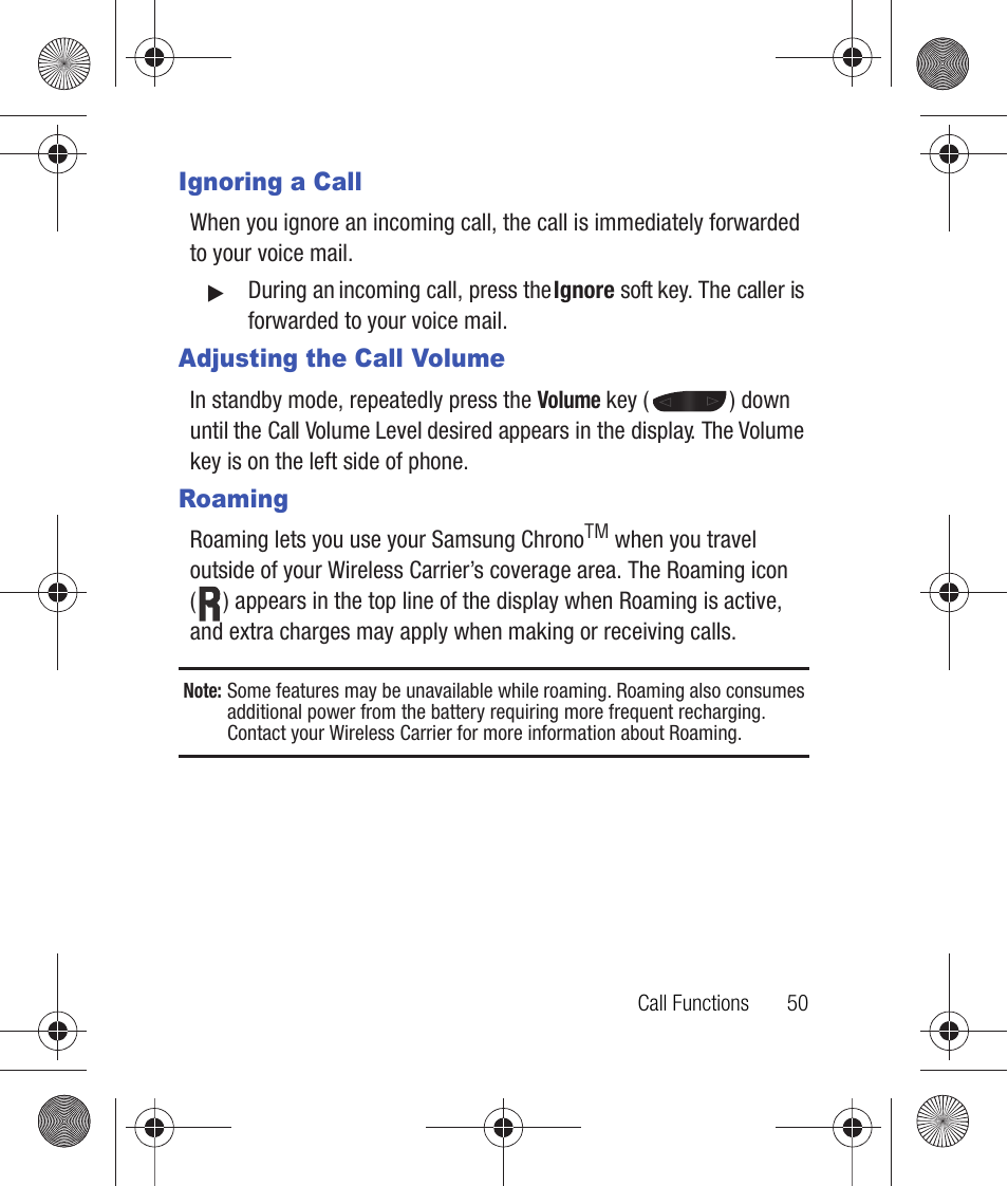 Ignoring a call, Adjusting the call volume, Roaming | Ignoring a call adjusting the call volume roaming | Samsung SCH-R260DAAUSC User Manual | Page 55 / 271