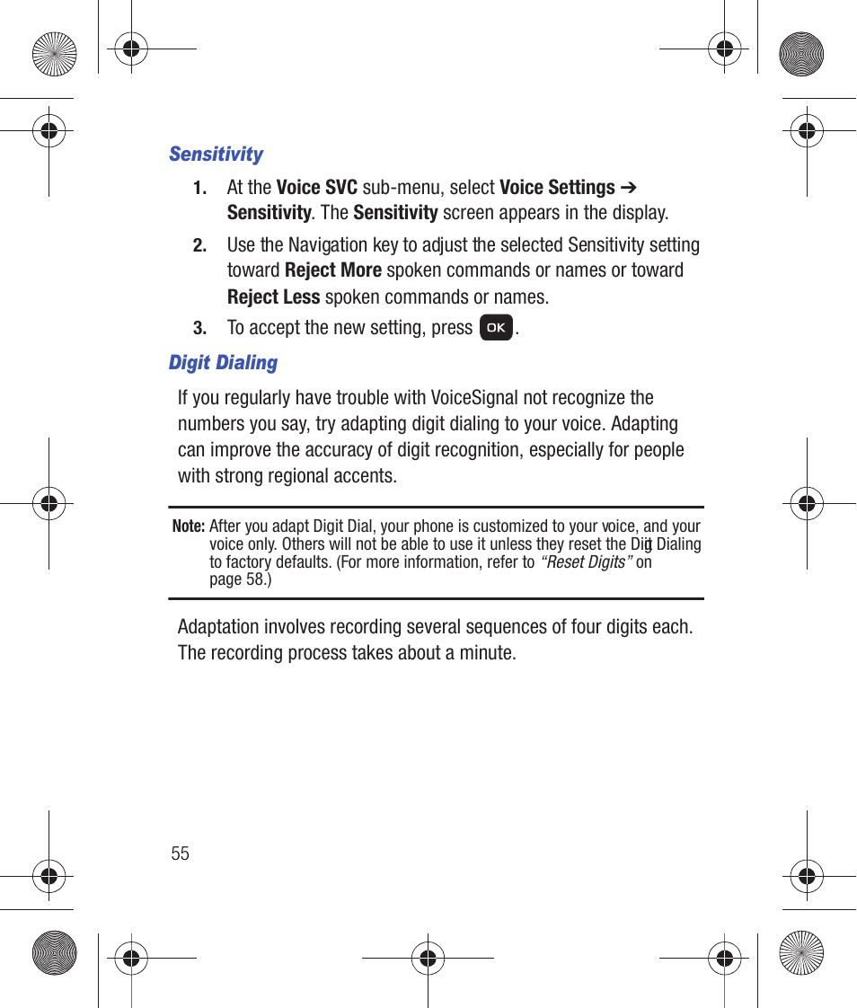 Sensitivity, Digit dialing | Samsung SCH-R260DAAUSC User Manual | Page 60 / 271