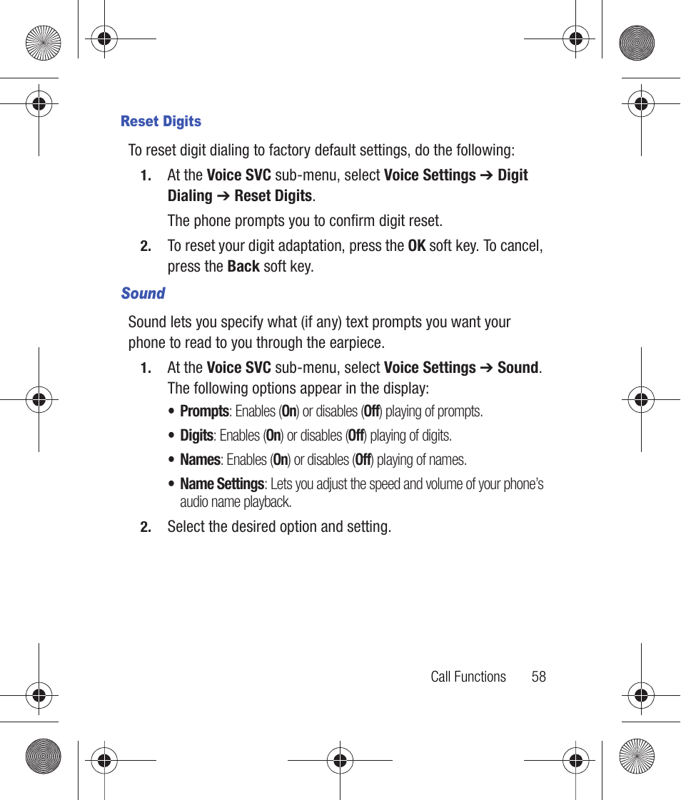 Reset digits, Sound | Samsung SCH-R260DAAUSC User Manual | Page 63 / 271