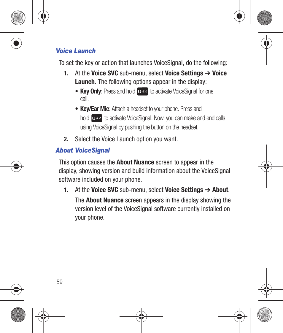 Voice launch, About voicesignal | Samsung SCH-R260DAAUSC User Manual | Page 64 / 271