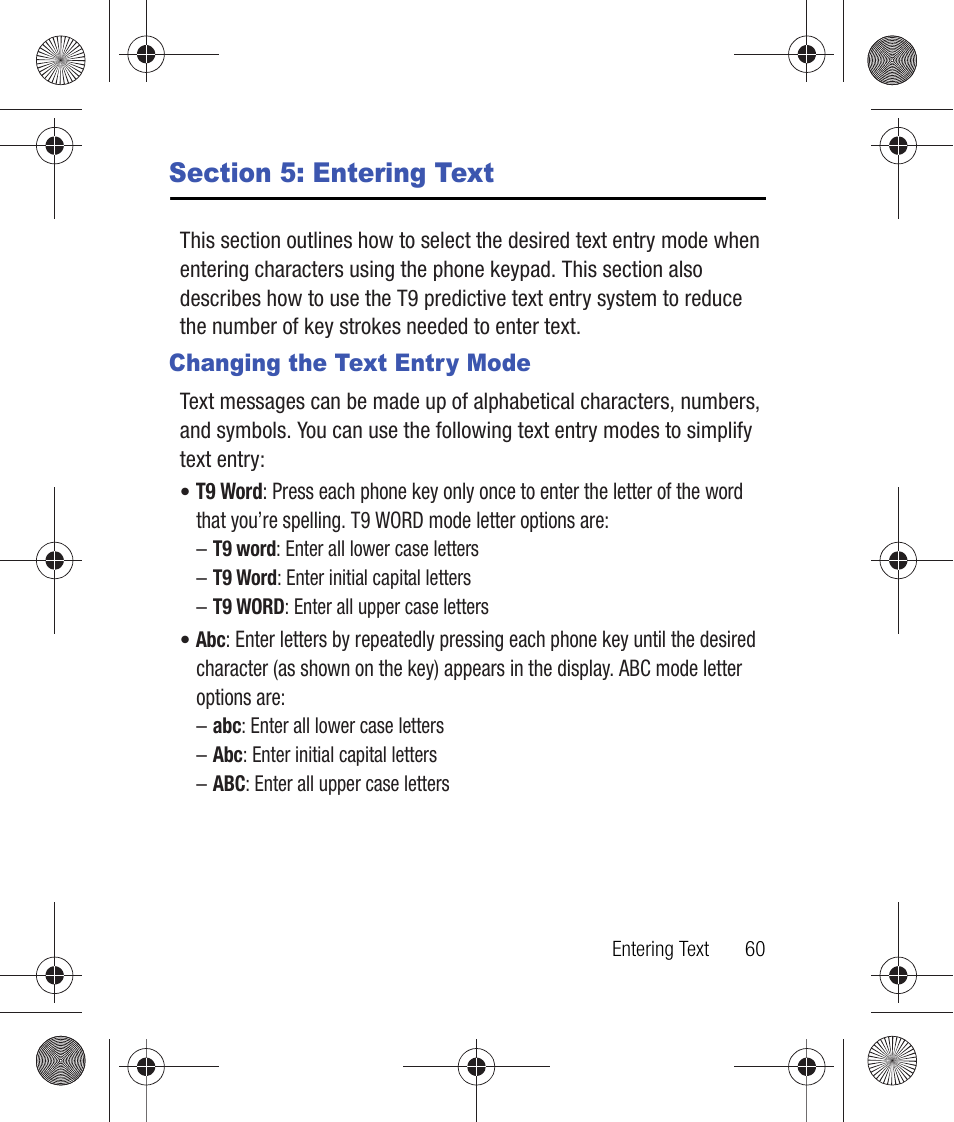 Section 5: entering text, Changing the text entry mode, Section 4: entering text | Samsung SCH-R260DAAUSC User Manual | Page 65 / 271