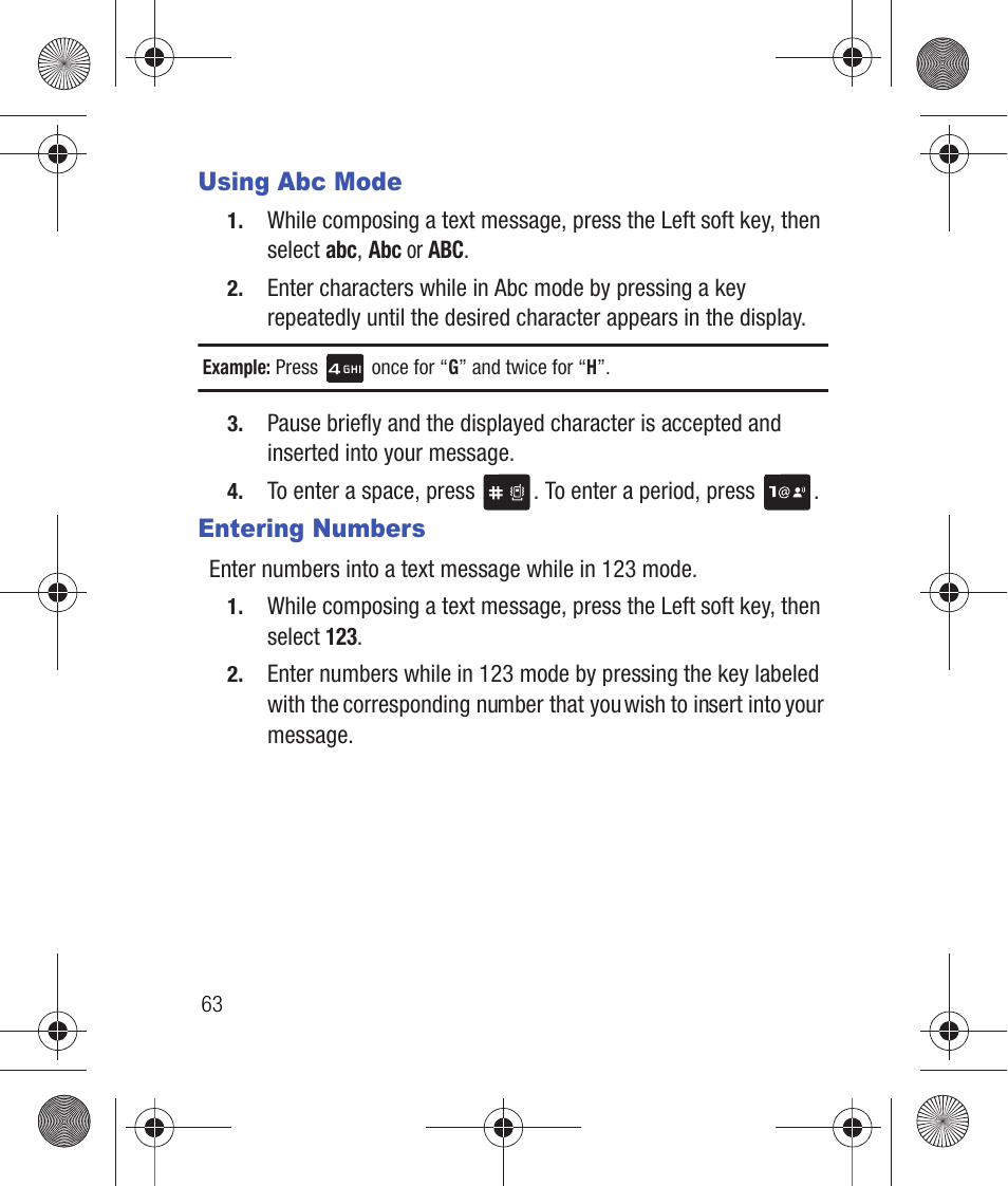 Using abc mode, Entering numbers, Using abc mode entering numbers | Samsung SCH-R260DAAUSC User Manual | Page 68 / 271