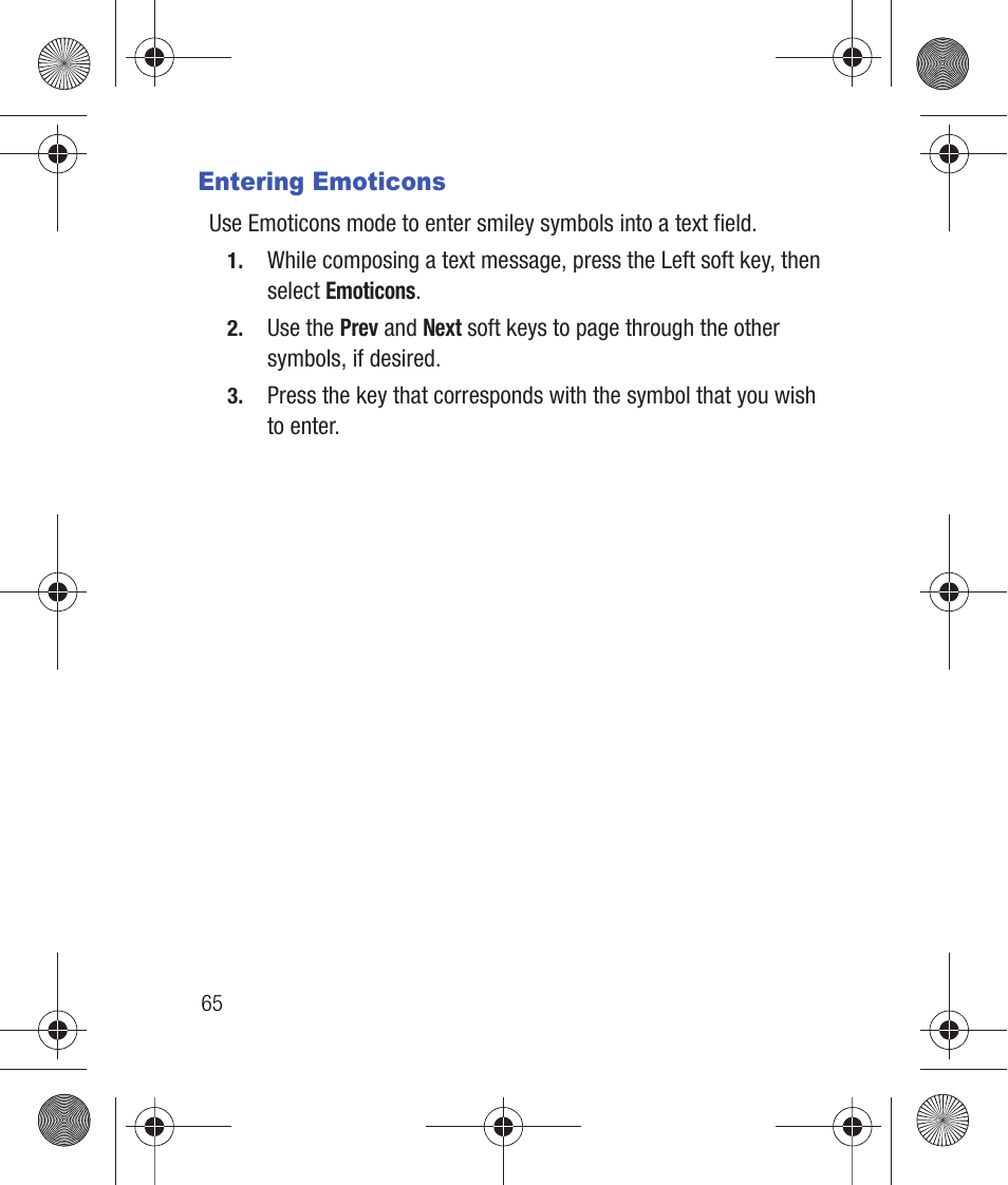 Entering emoticons | Samsung SCH-R260DAAUSC User Manual | Page 70 / 271