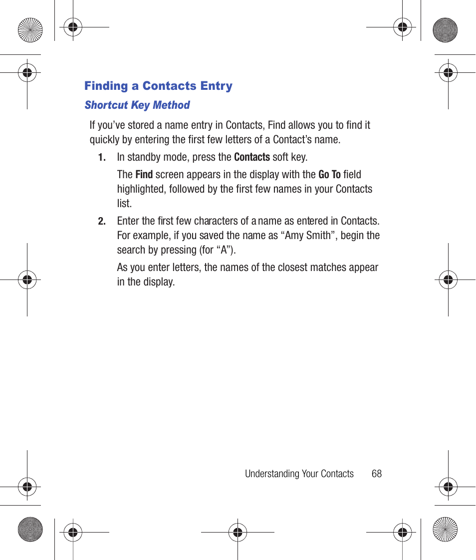 Finding a contacts entry, Shortcut key method | Samsung SCH-R260DAAUSC User Manual | Page 73 / 271