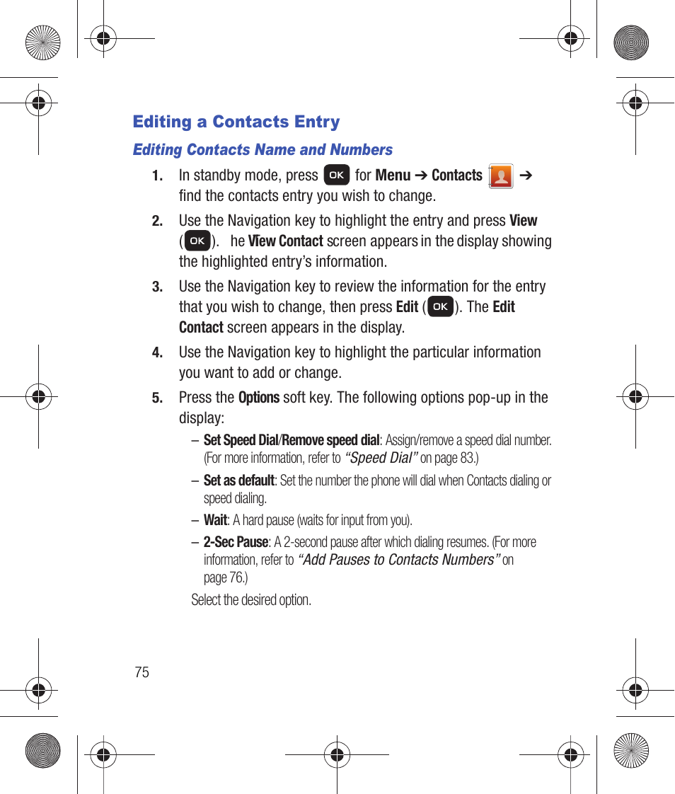 Editing a contacts entry, Editing contacts name and numbers | Samsung SCH-R260DAAUSC User Manual | Page 80 / 271