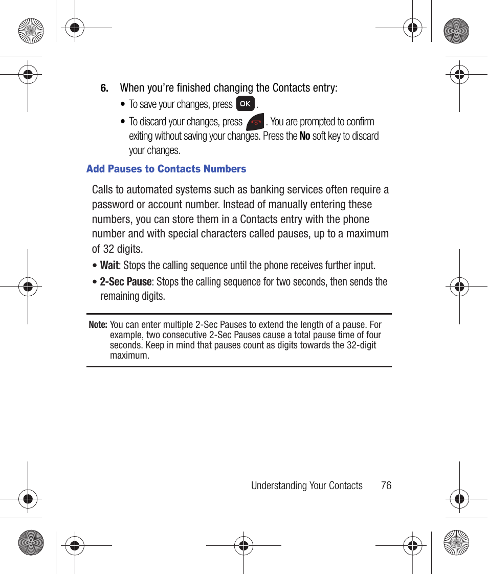 Add pauses to contacts numbers, For more, Information, refer to | Add pauses to contacts numbers” on | Samsung SCH-R260DAAUSC User Manual | Page 81 / 271
