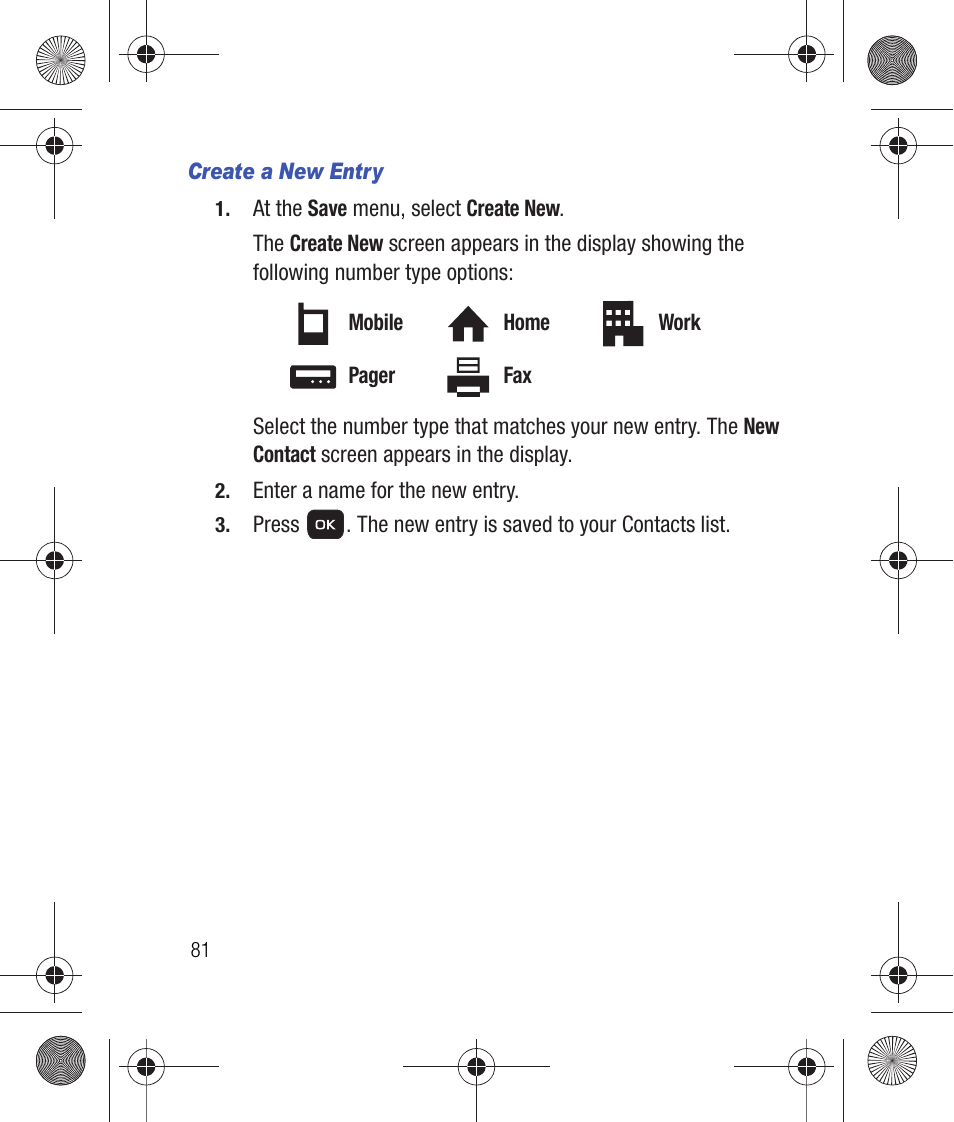 Create a new entry | Samsung SCH-R260DAAUSC User Manual | Page 86 / 271