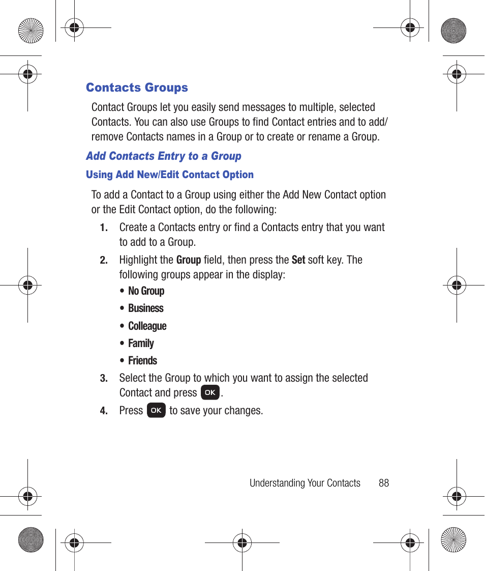 Contacts groups, Add contacts entry to a group, Using add new/edit contact option | For more information, refer to | Samsung SCH-R260DAAUSC User Manual | Page 93 / 271