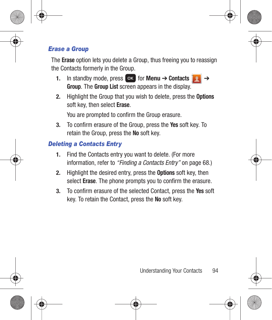 Erase a group, Deleting a contacts entry | Samsung SCH-R260DAAUSC User Manual | Page 99 / 271