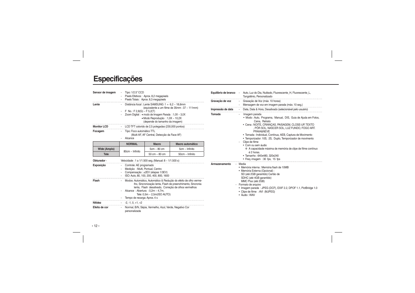 Especificações | Samsung EC-L100ZSBA-US User Manual | Page 109 / 114