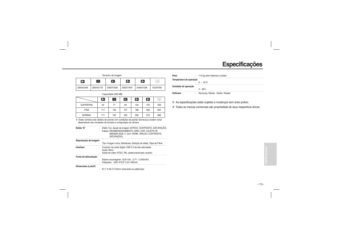 Especificações | Samsung EC-L100ZSBA-US User Manual | Page 110 / 114