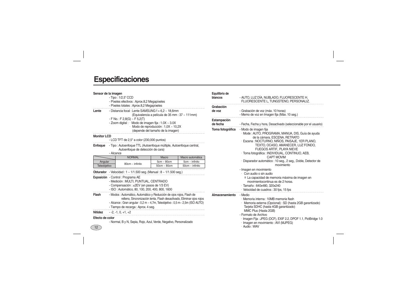 Especificaciones | Samsung EC-L100ZSBA-US User Manual | Page 61 / 114