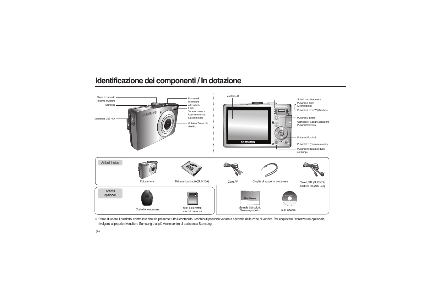 Identificazione dei componenti / in dotazione | Samsung EC-L100ZSBA-US User Manual | Page 69 / 114