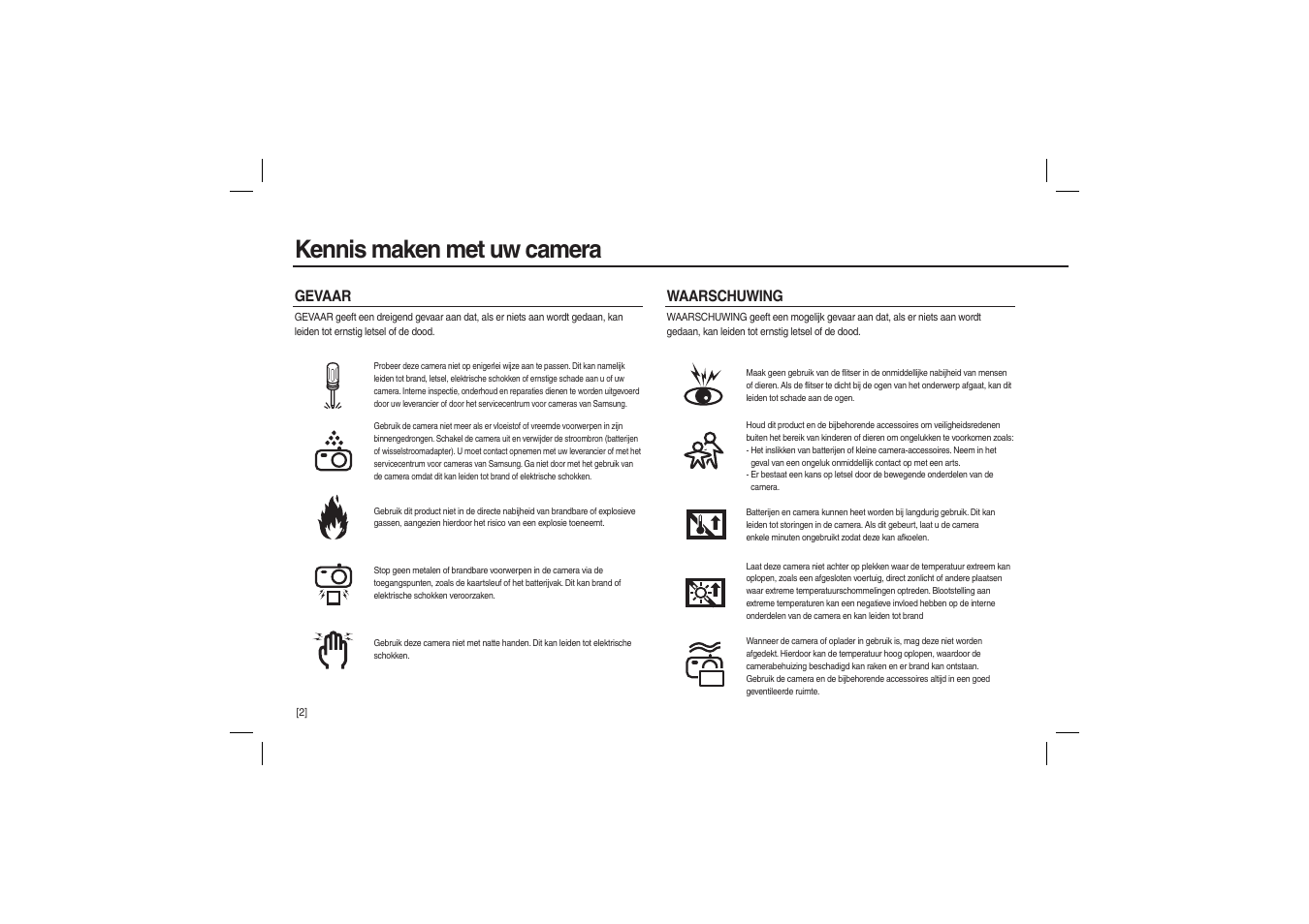 Kennis maken met uw camera, Gevaar waarschuwing | Samsung EC-L100ZSBA-US User Manual | Page 83 / 114