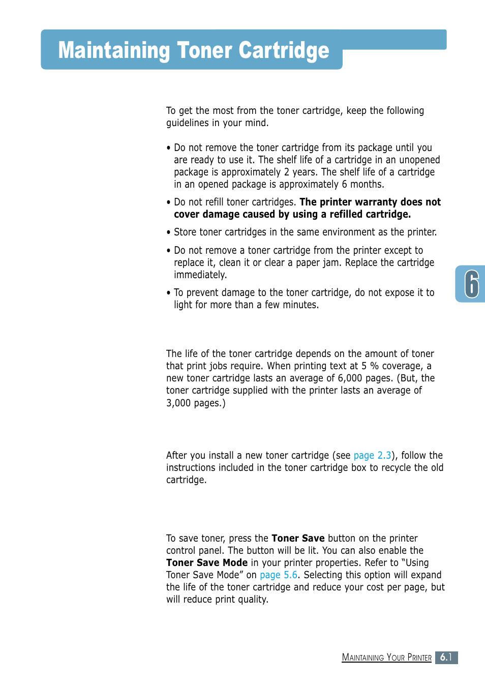 Maintaining toner cartridge, Toner cartridge storage, Toner cartridge life expectancy | Recycling toner cartridge, Saving toner | Samsung ML-1450-XAX User Manual | Page 102 / 206