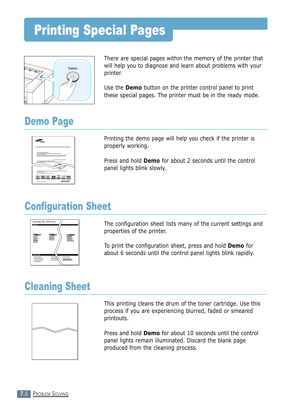 Configuration sheet, Cleaning sheet, Printing special pages | Demo page | Samsung ML-1450-XAX User Manual | Page 113 / 206