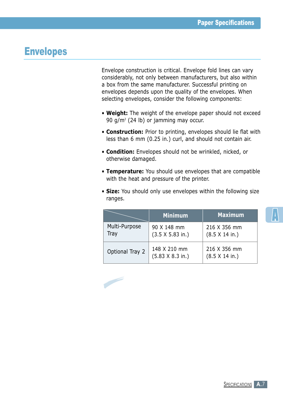Envelopes, Paper specifications | Samsung ML-1450-XAX User Manual | Page 144 / 206