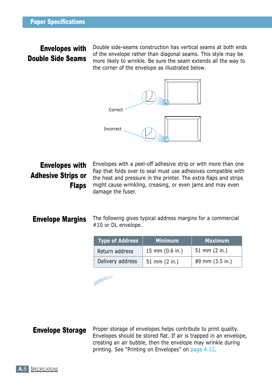 Envelopes with double side seams, Envelopes with adhesive strips or flaps, Envelope margins envelope storage | Samsung ML-1450-XAX User Manual | Page 145 / 206