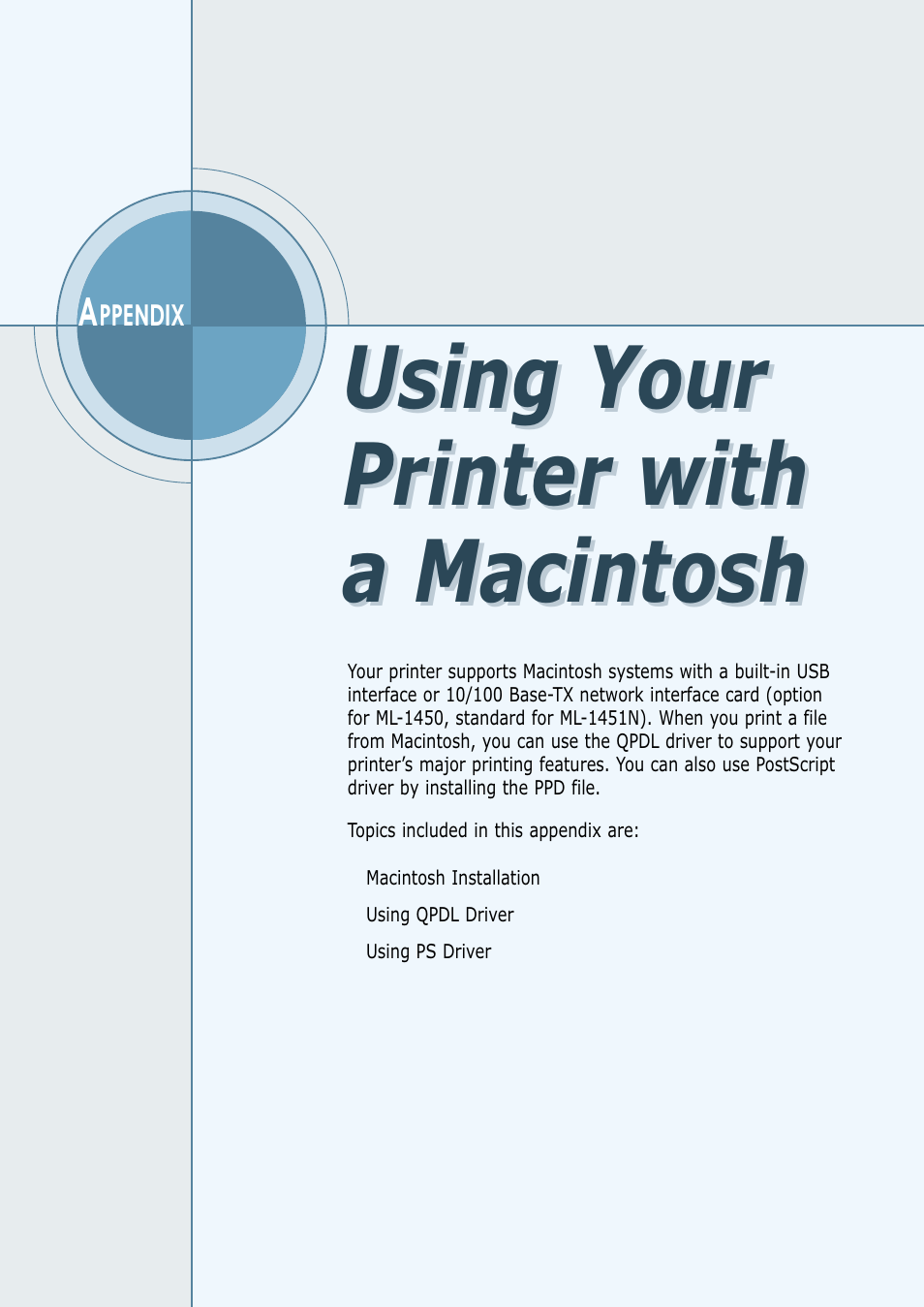 Appendix b using your printer with a macintosh, Using your printer with a macintosh, Appendix b | Samsung ML-1450-XAX User Manual | Page 147 / 206