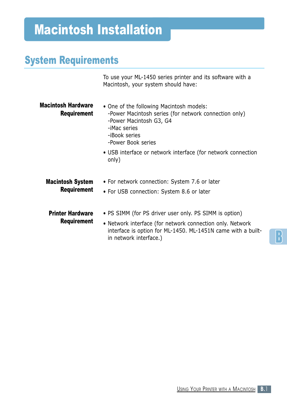 Macintosh installation, System requirements | Samsung ML-1450-XAX User Manual | Page 148 / 206