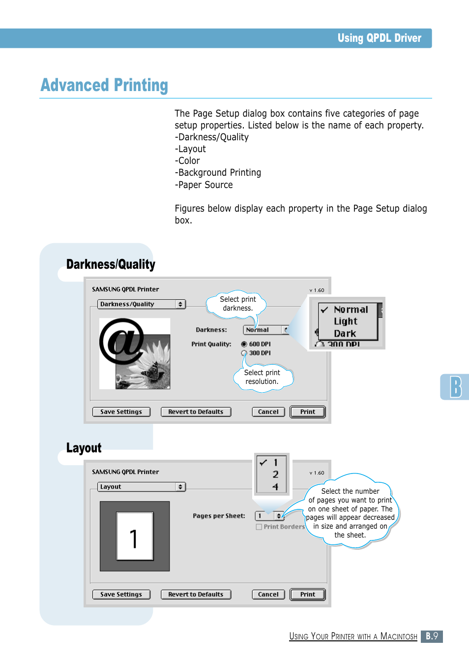Advanced printing, Darkness/quality, Layout | Using qpdl driver | Samsung ML-1450-XAX User Manual | Page 156 / 206