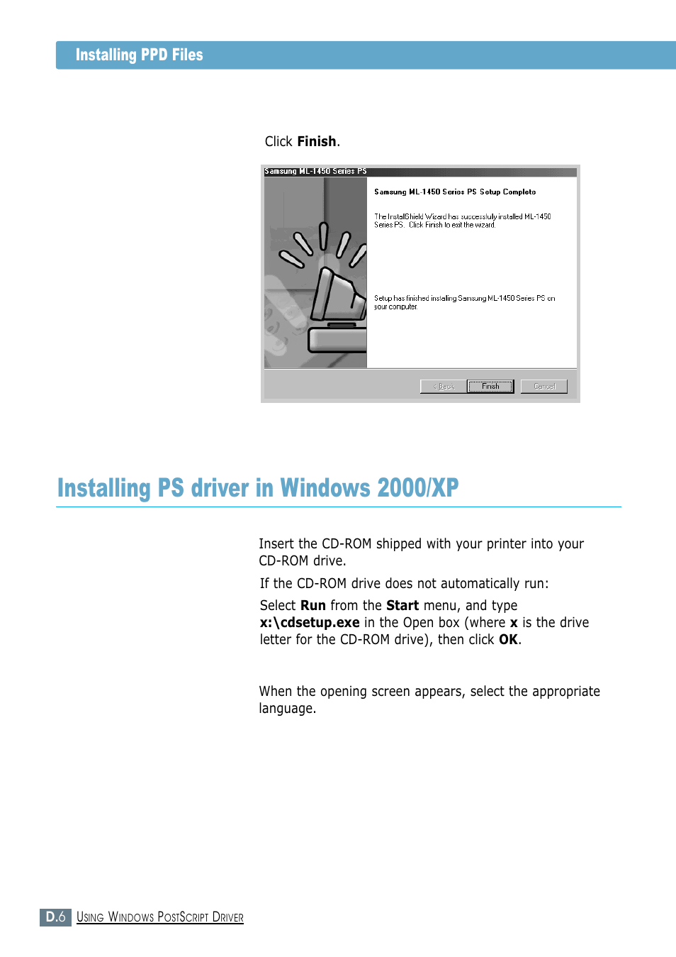 Installing ps driver in windows 2000/xp, Installing ppd files 12 | Samsung ML-1450-XAX User Manual | Page 179 / 206