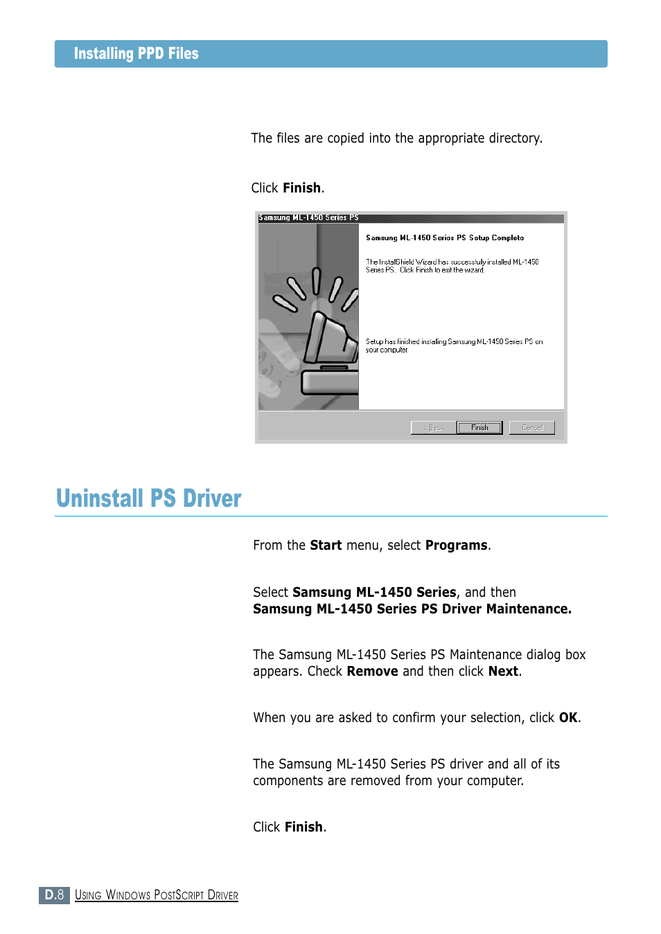 Uninstall ps driver | Samsung ML-1450-XAX User Manual | Page 181 / 206