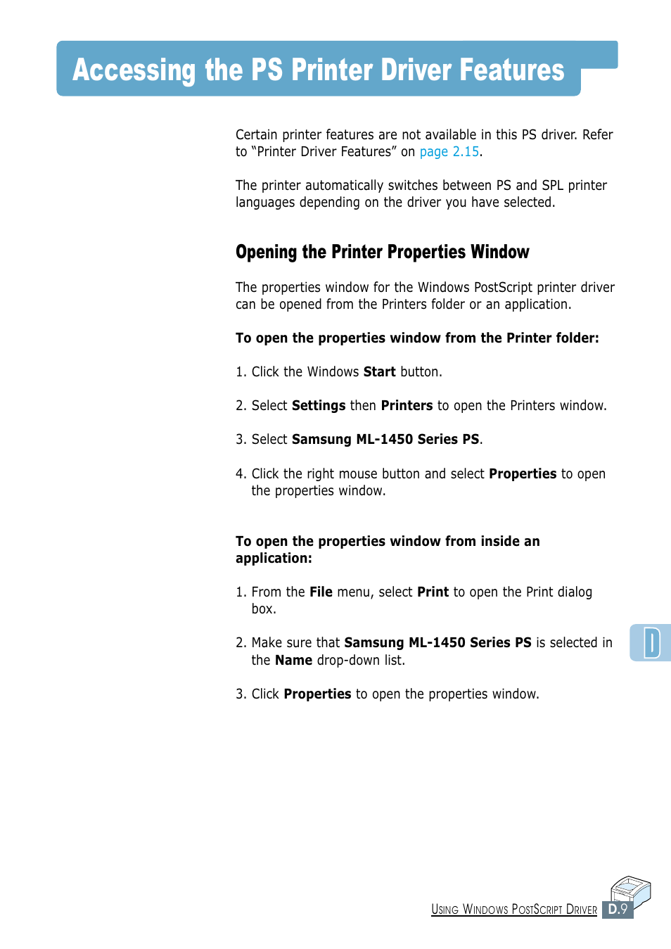 Accessing the ps printer driver features, Opening the printer properties window | Samsung ML-1450-XAX User Manual | Page 182 / 206