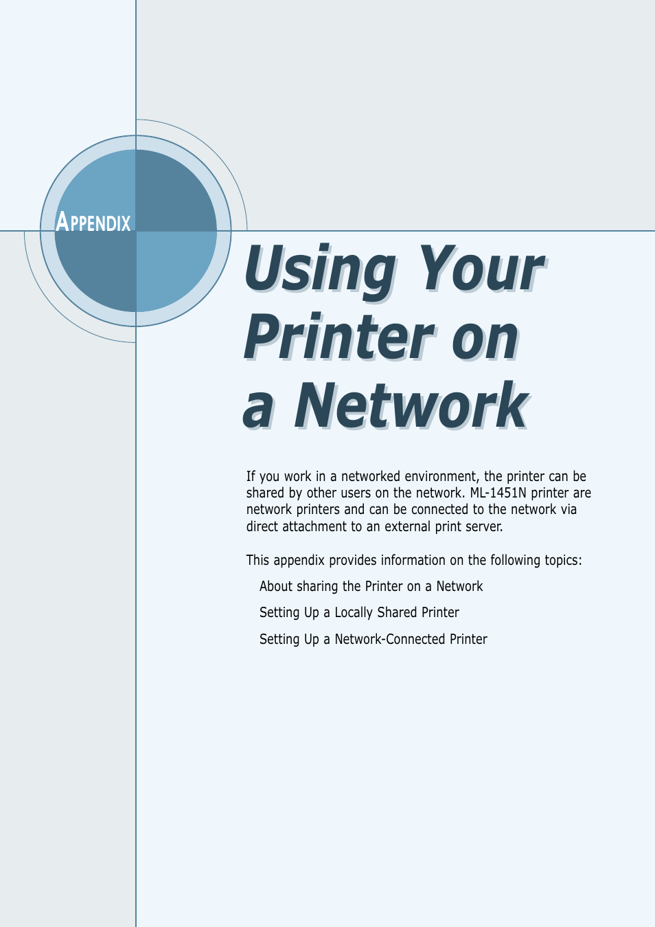 Appendix e using your printer on a network, Using your printer on a network | Samsung ML-1450-XAX User Manual | Page 183 / 206